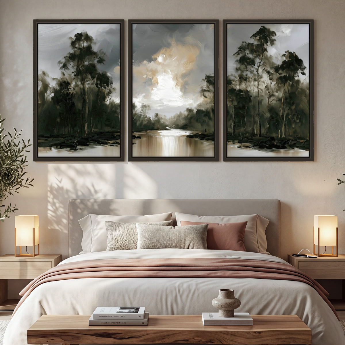Moody river forest painting 3 piece framed canvas in a bedroom above the bed