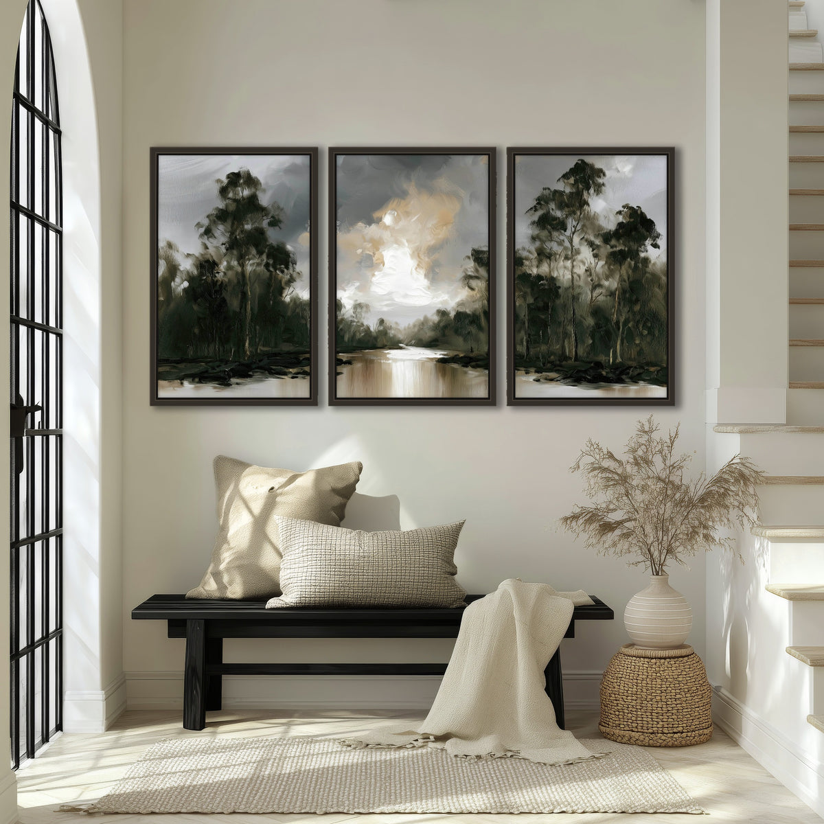 Moody river forest painting 3 piece framed canvas in an entryway above a bench