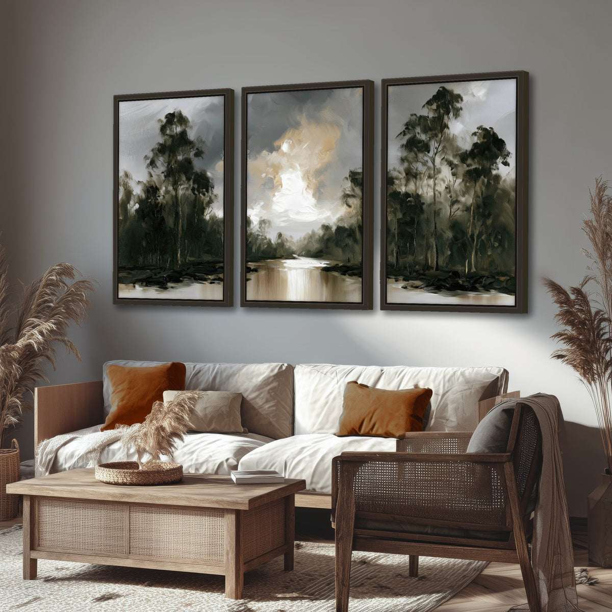 Moody river forest painting 3 piece framed canvas in a rustic living room