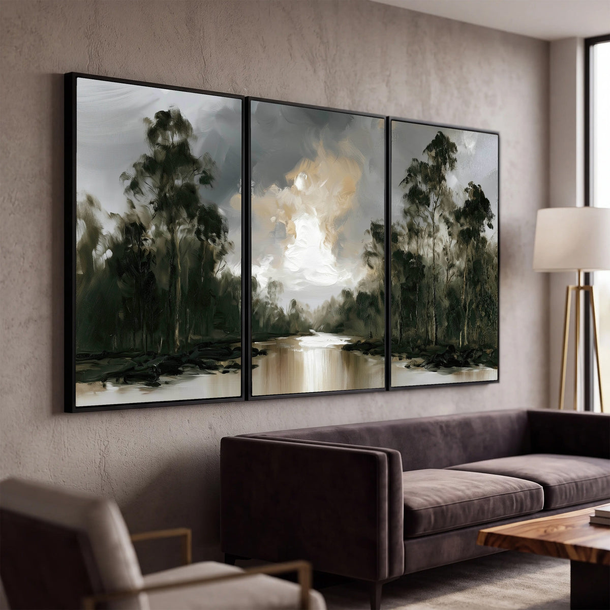 Moody river forest painting 3 piece framed canvas in a modern living room
