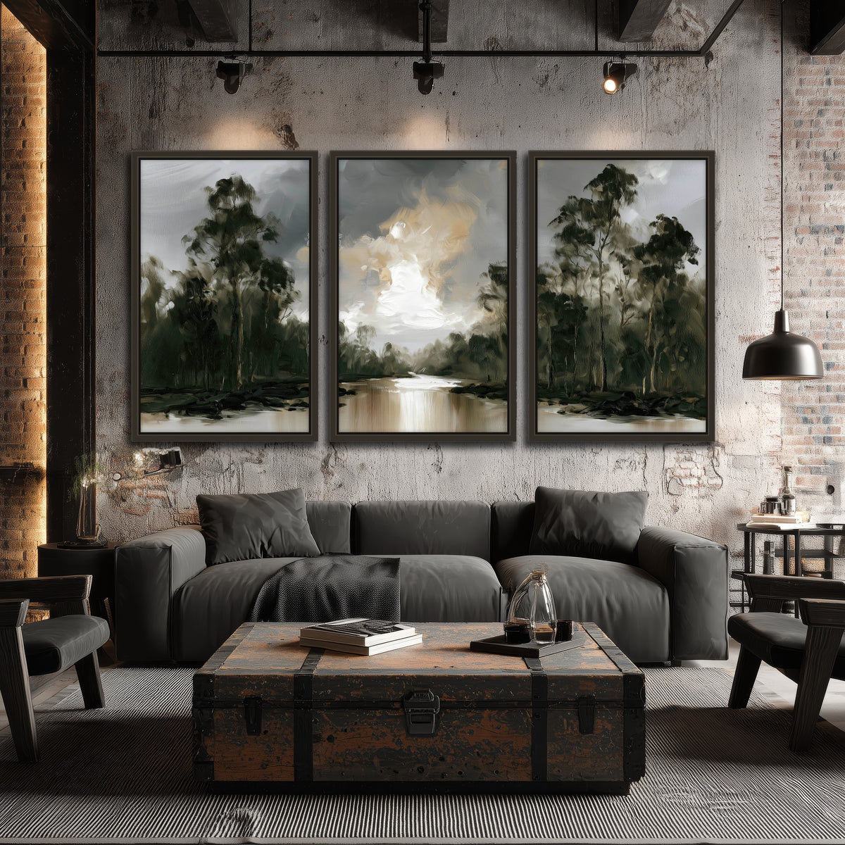 Moody river forest painting 3 piece framed canvas in an industrial loft