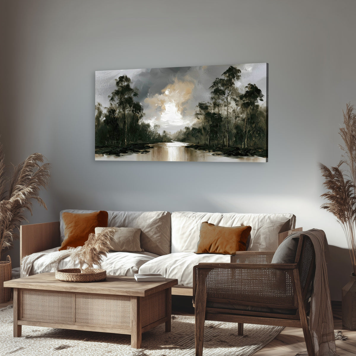 Moody river forest painting canvas wall art in a rustic living room