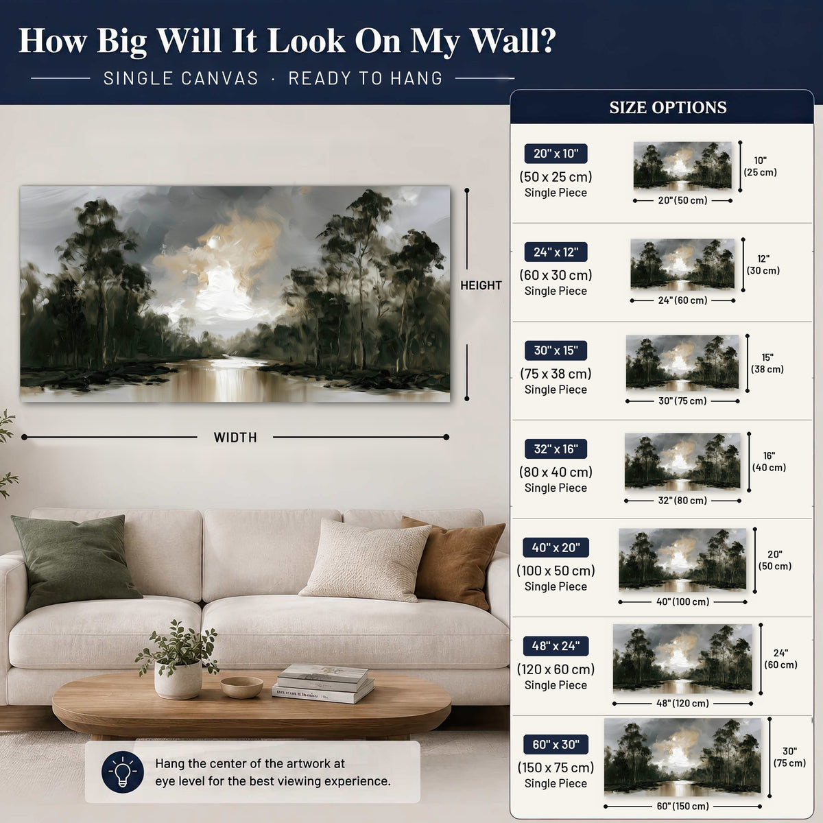 Moody river forest painting canvas wall art size guide above a sofa