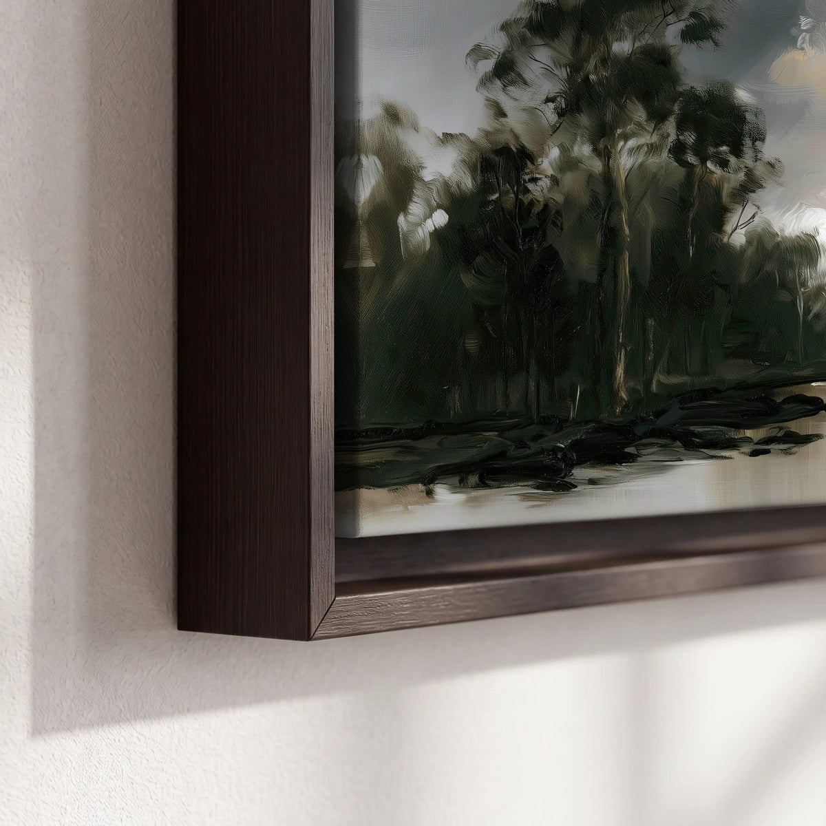 Moody river forest painting framed canvas close-up showing the floating frame