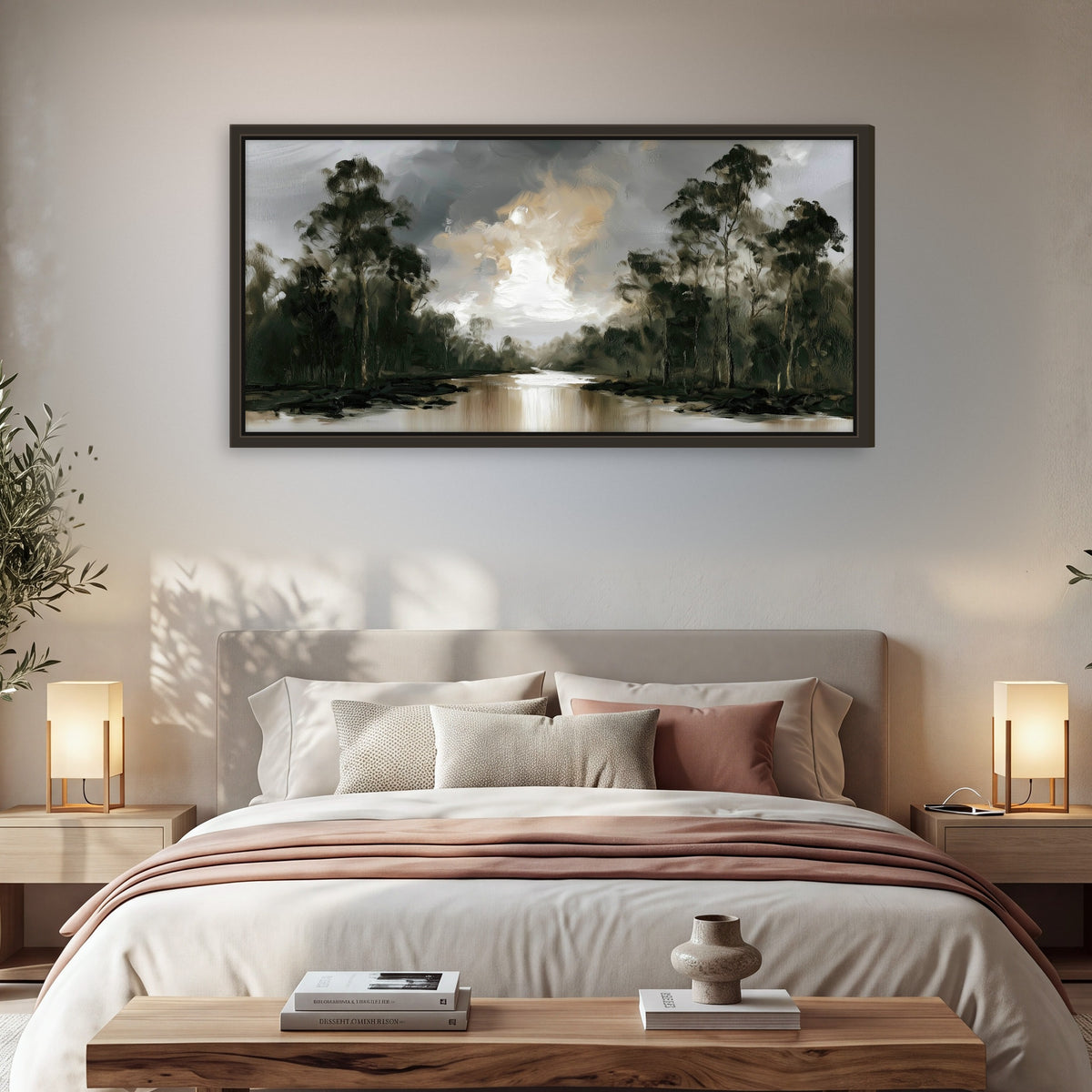 Moody river forest painting framed canvas wall art in a bedroom above the bed