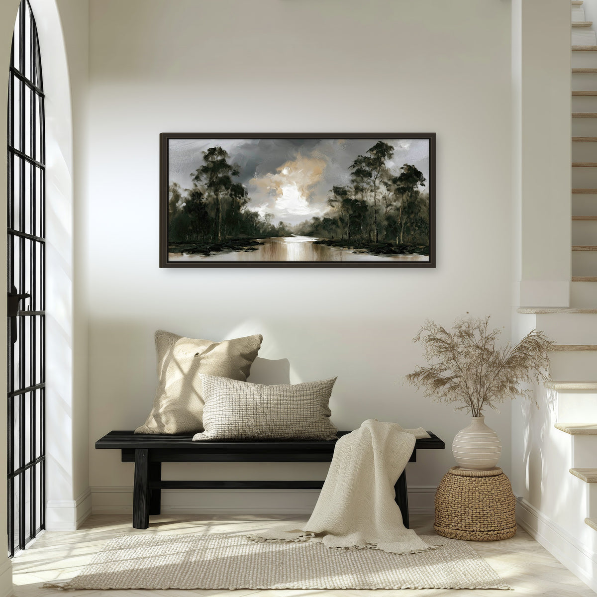 Moody river forest painting framed canvas wall art in an entryway above a bench