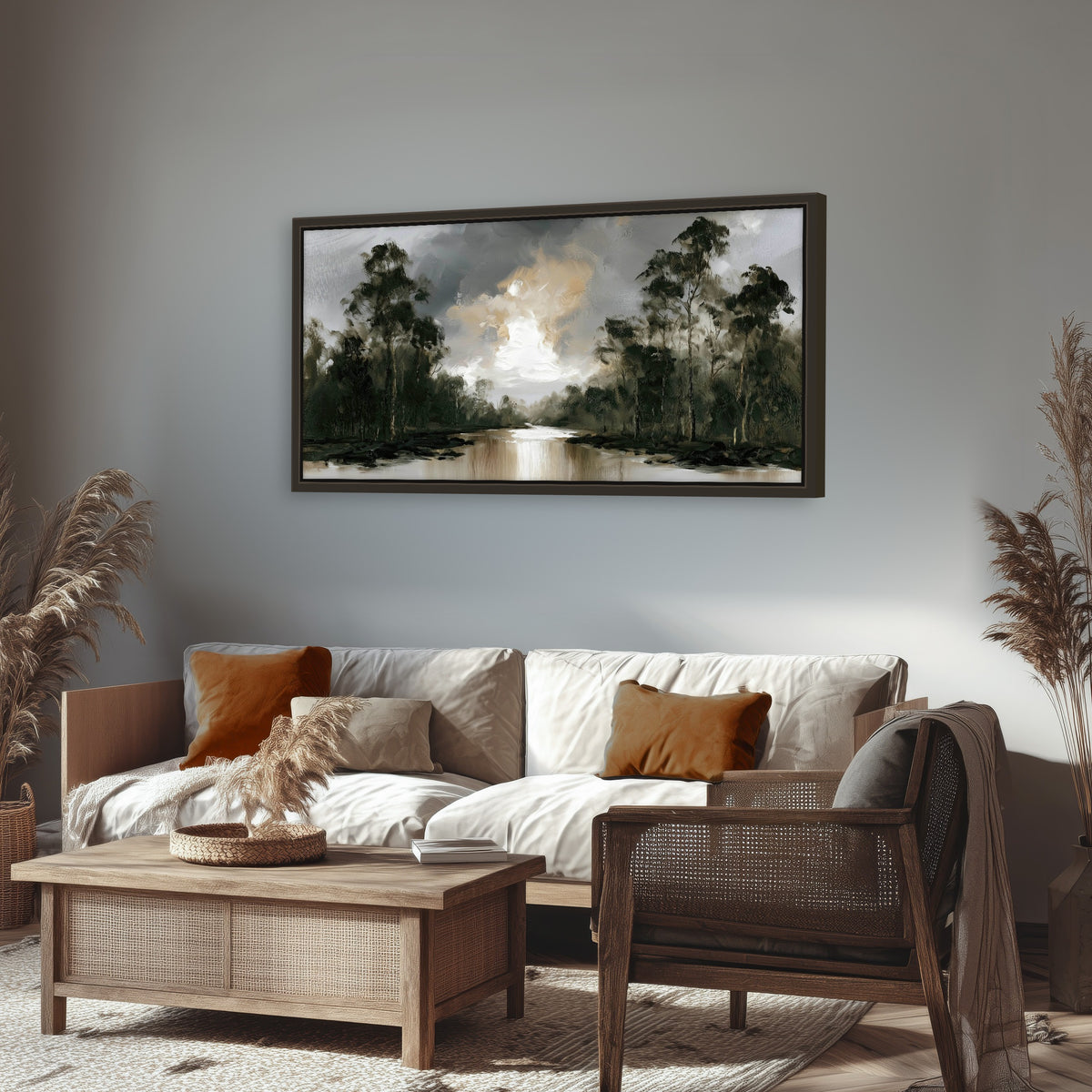 Moody river forest painting framed canvas wall art in a rustic living room
