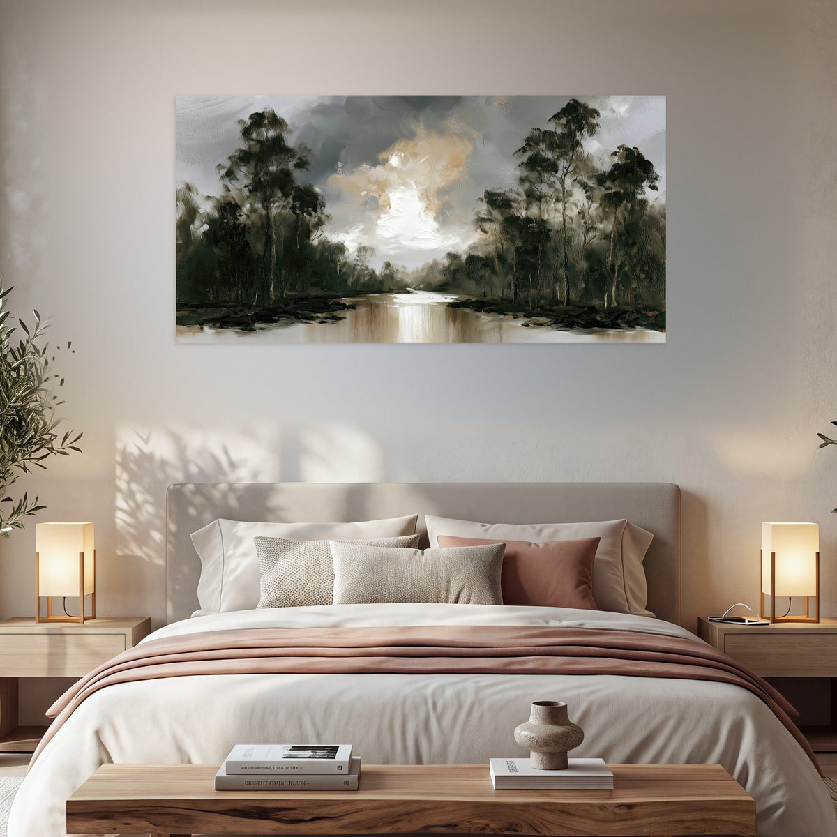 Moody river forest painting poster print in a bedroom above the bed