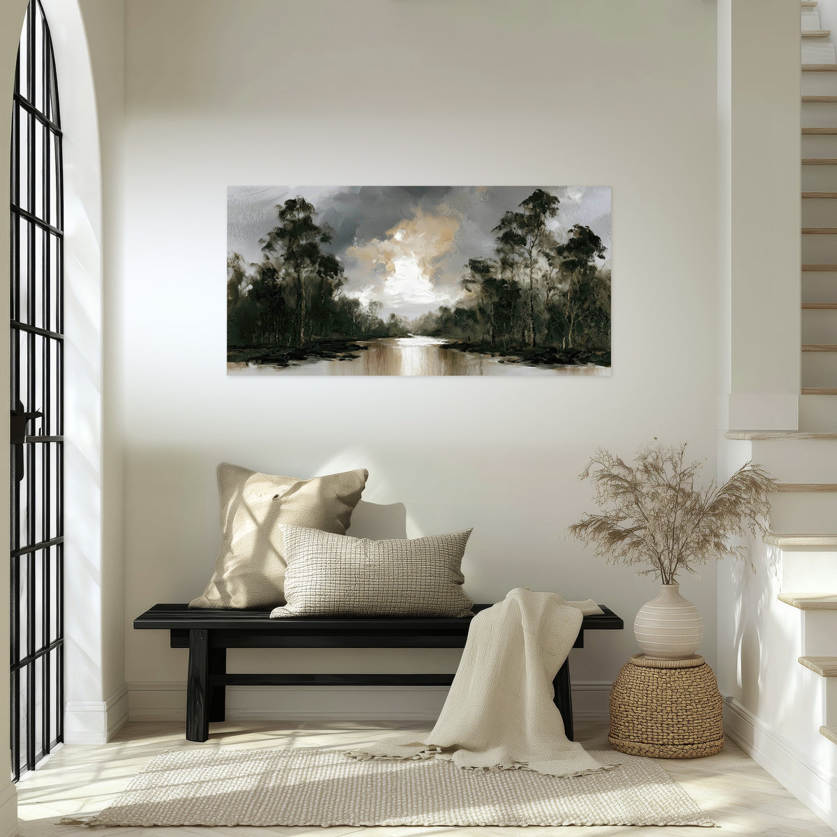 Moody river forest painting poster print in an entryway above a bench