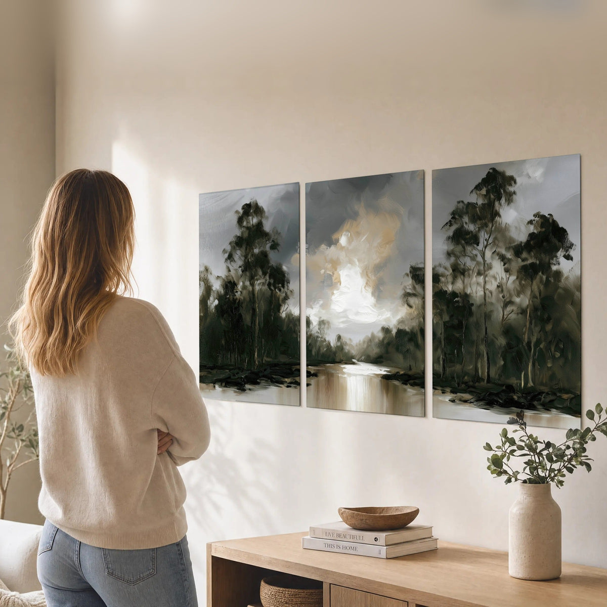 Moody river forest painting set of 3 poster prints in a living room