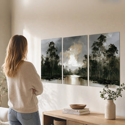 Moody river forest painting set of 3 poster prints in a living room