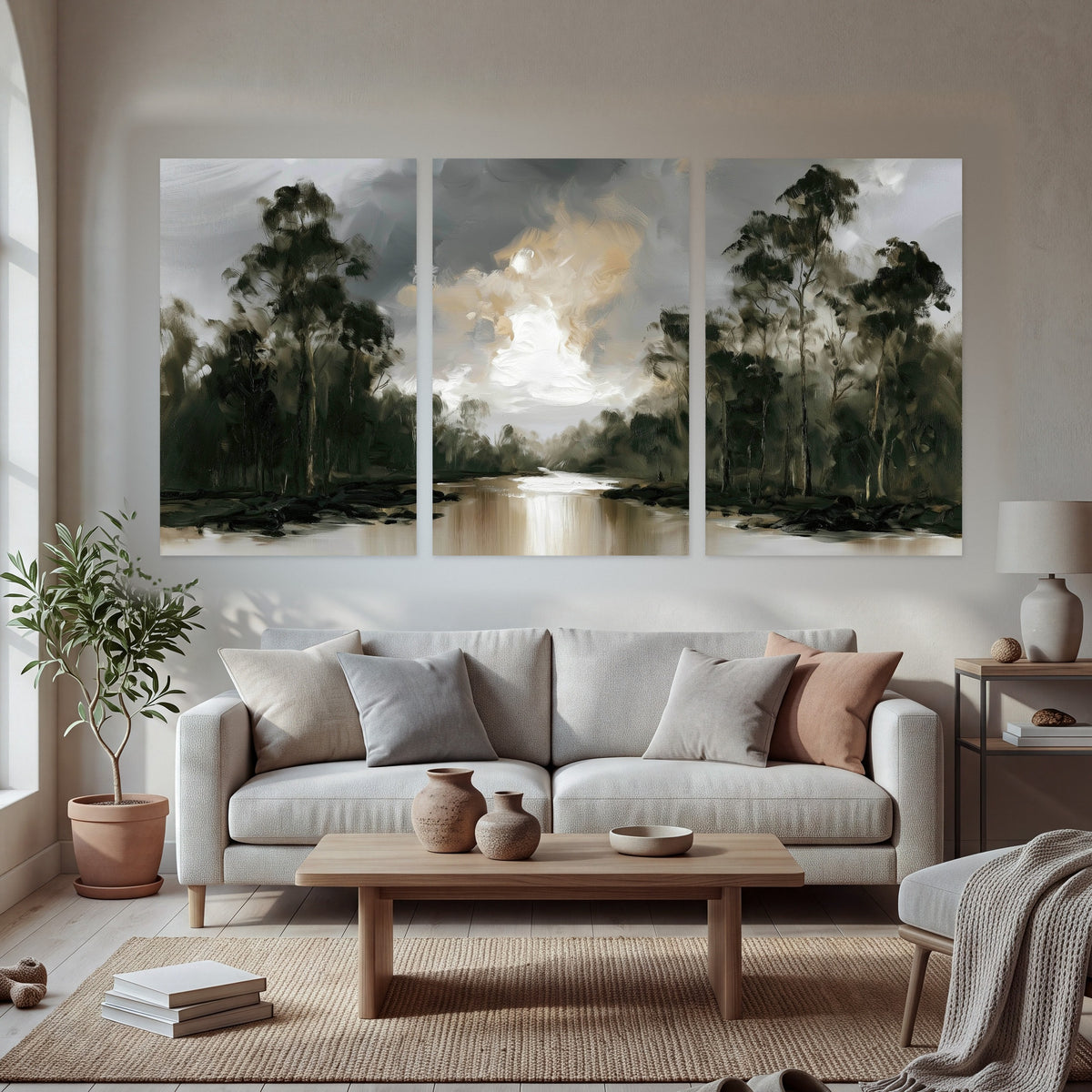 Moody river forest painting set of 3 poster prints in a bright living room