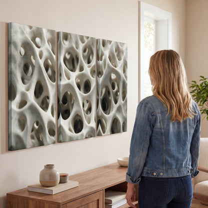 White organic texture abstract 3 piece canvas wall art in a living room