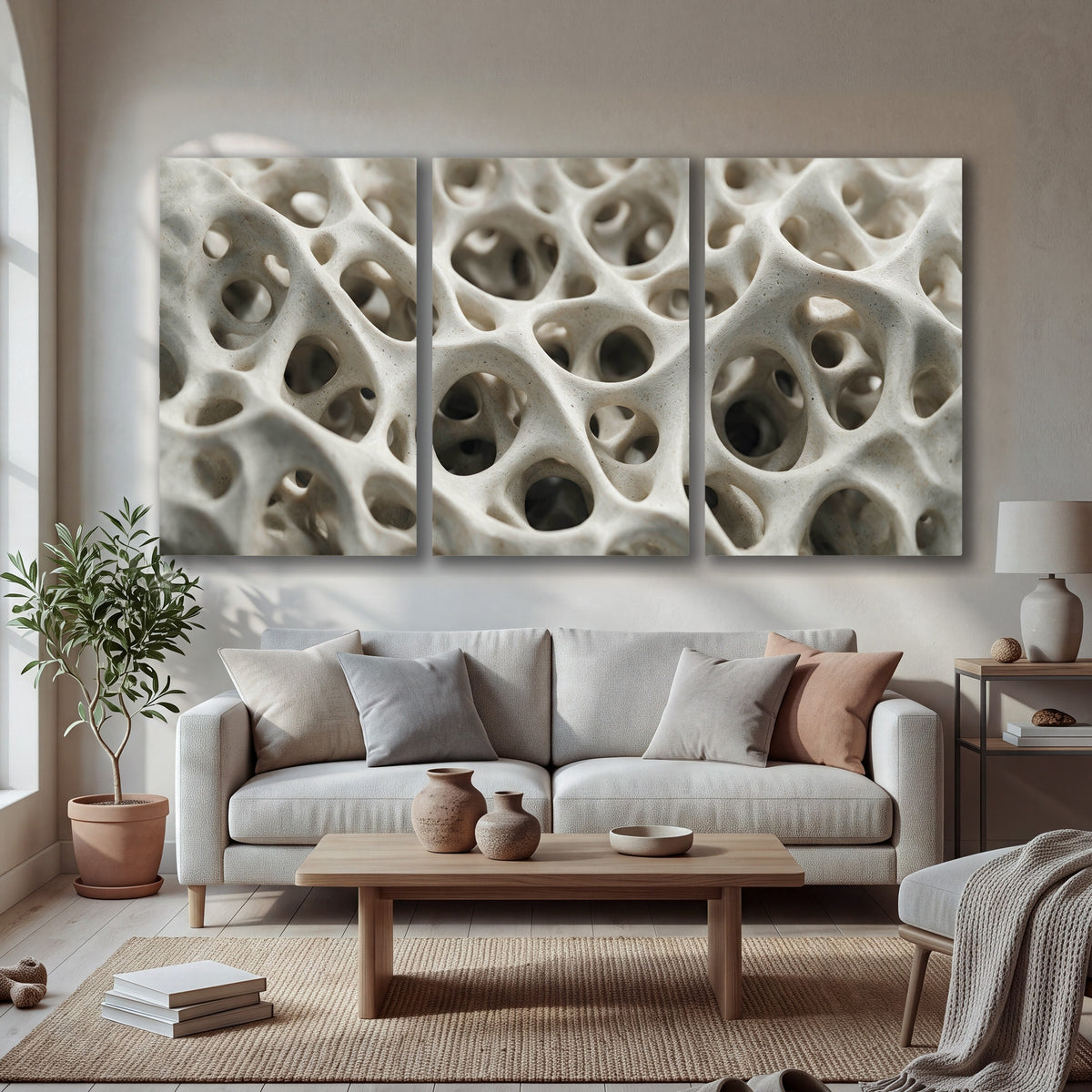 White organic texture abstract 3 piece canvas wall art in a bright living room
