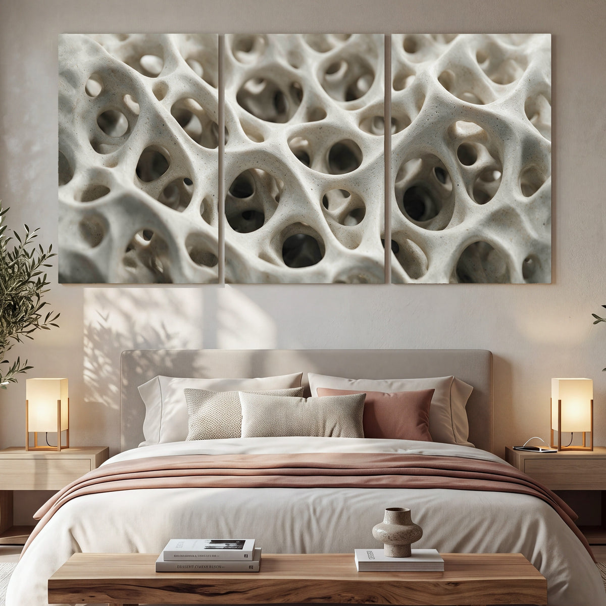 White organic texture abstract 3 piece canvas wall art in a bedroom above the bed