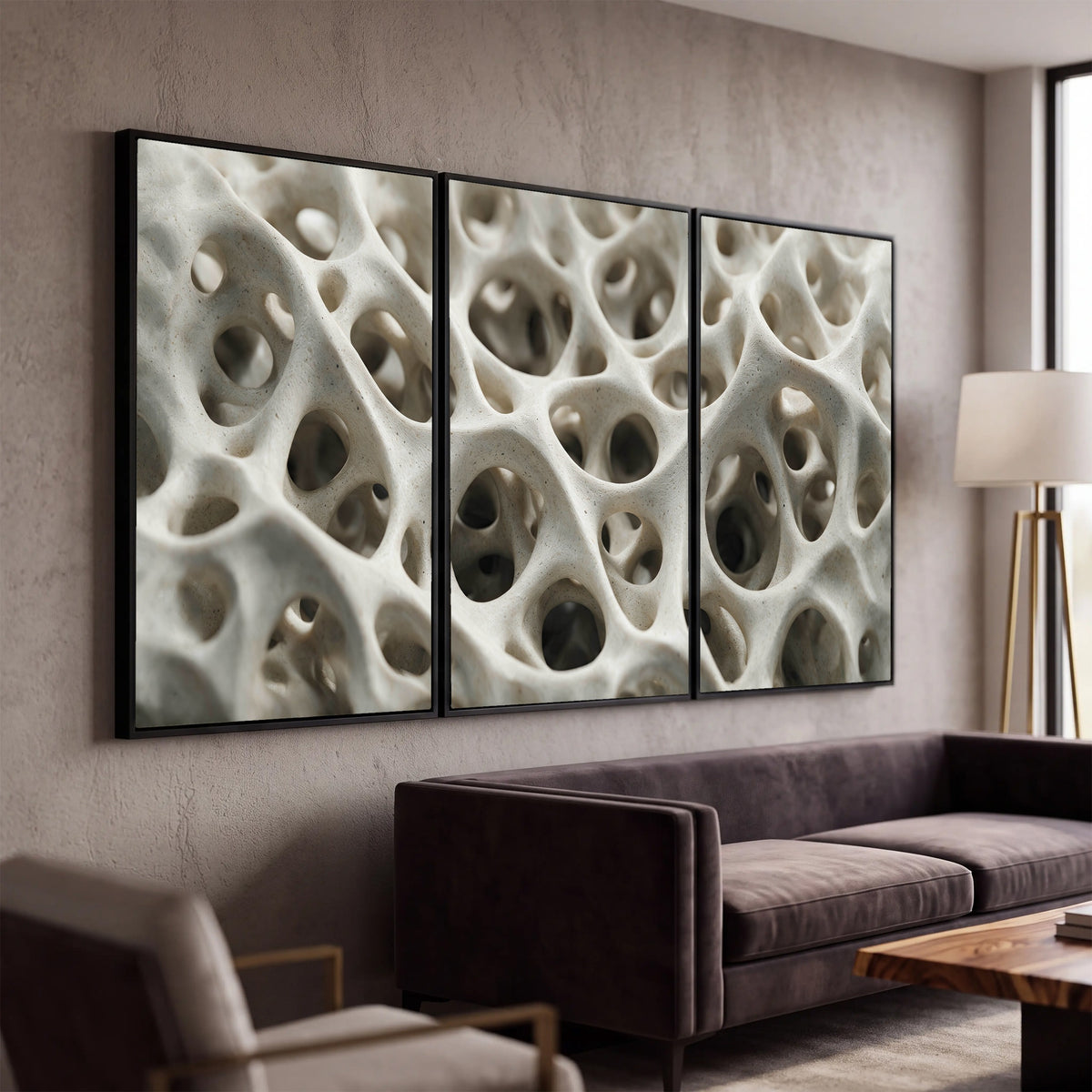 White organic texture abstract 3 piece canvas wall art in a modern living room