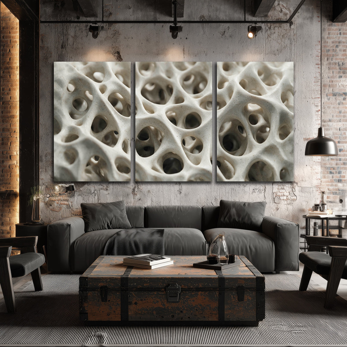 White organic texture abstract 3 piece canvas wall art in an industrial loft
