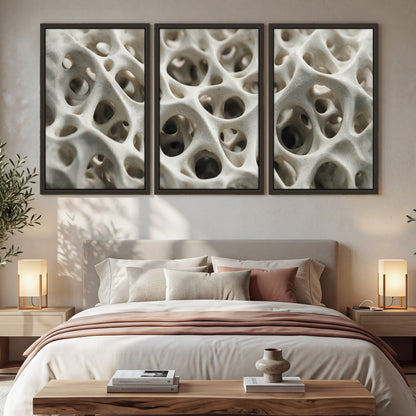 White organic texture abstract 3 piece framed canvas in a bedroom above the bed