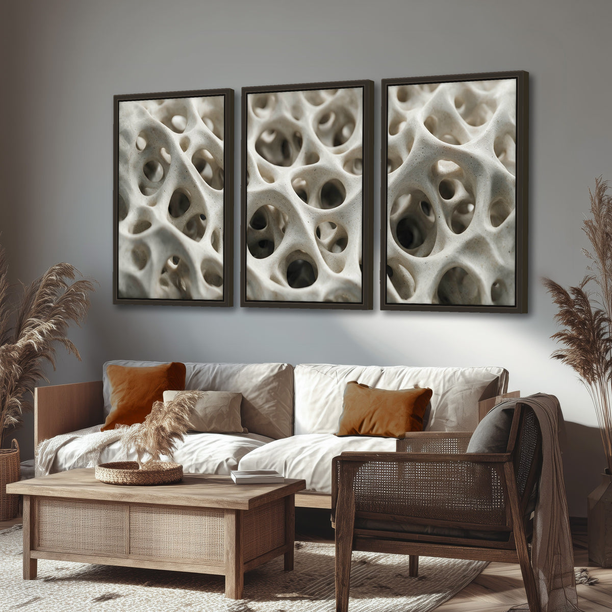 White organic texture abstract 3 piece framed canvas in a rustic living room