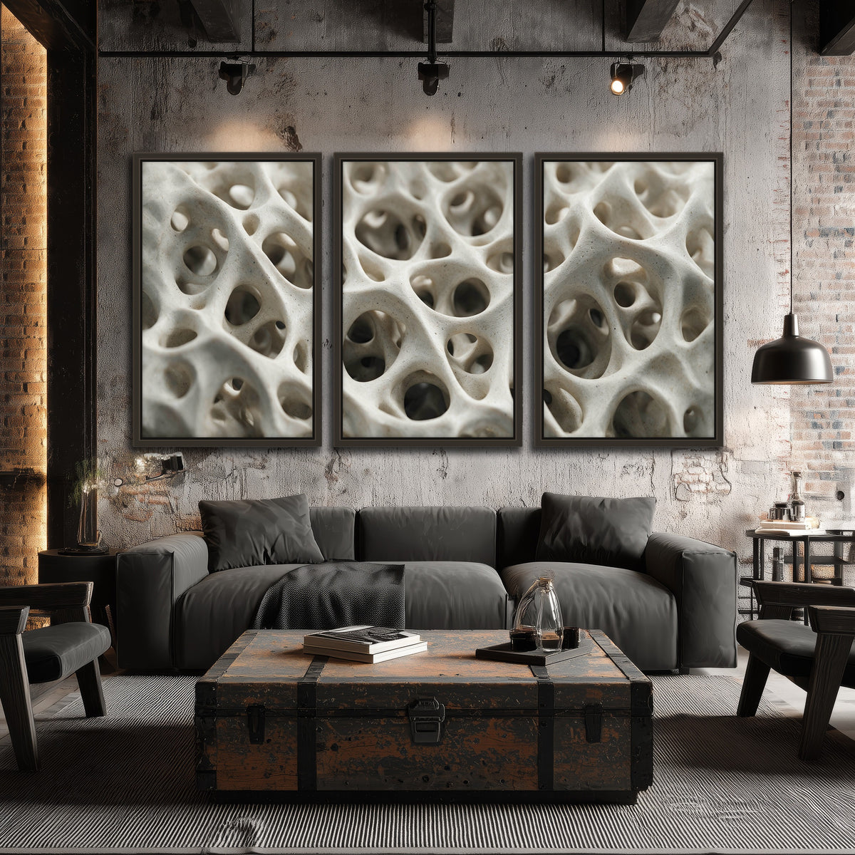 White organic texture abstract 3 piece framed canvas in an industrial loft