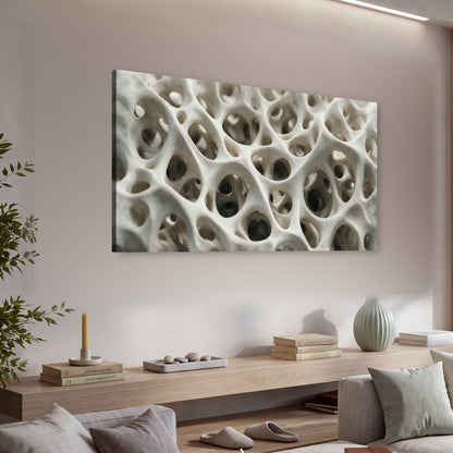 White organic texture abstract canvas wall art in a living room above a console