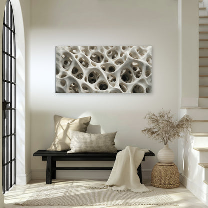 White organic texture abstract canvas wall art in an entryway above a bench