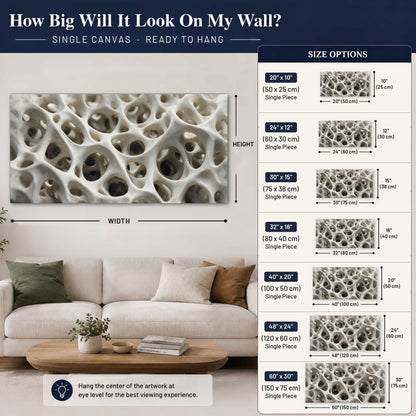 White organic texture abstract canvas wall art size guide above a sofa