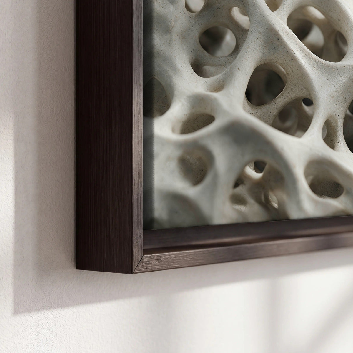 White organic texture abstract framed canvas close-up showing the floating frame