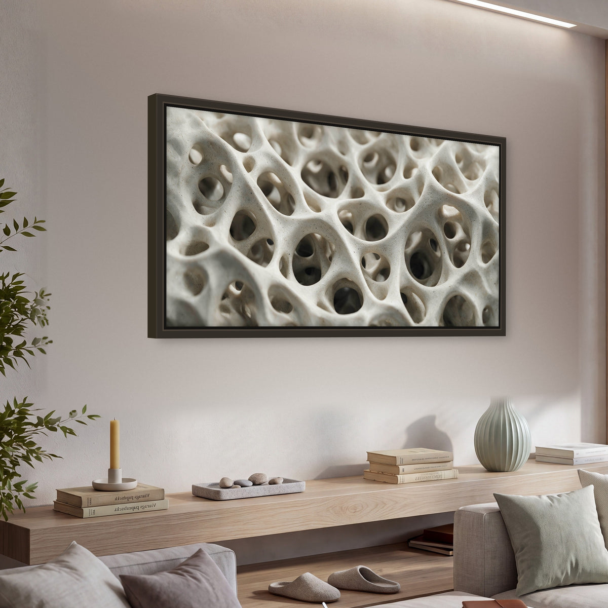 White organic texture abstract framed canvas wall art in a living room above a console