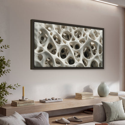 White organic texture abstract framed canvas wall art in a living room above a console