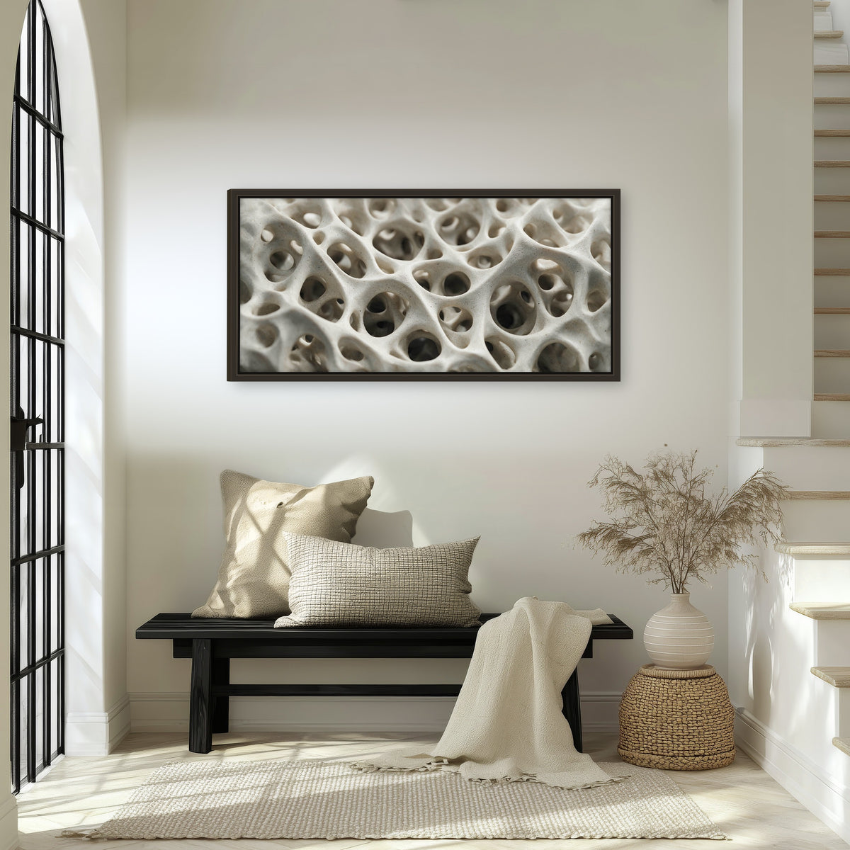 White organic texture abstract framed canvas wall art in an entryway above a bench