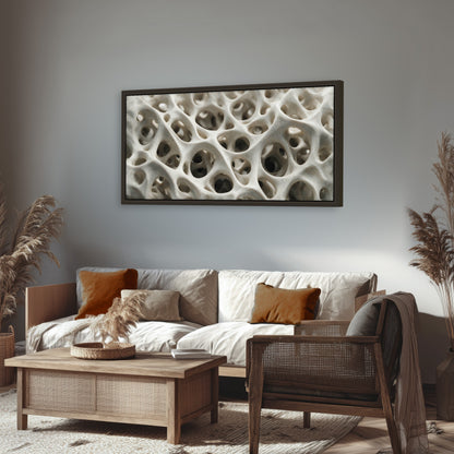 White organic texture abstract framed canvas wall art in a rustic living room