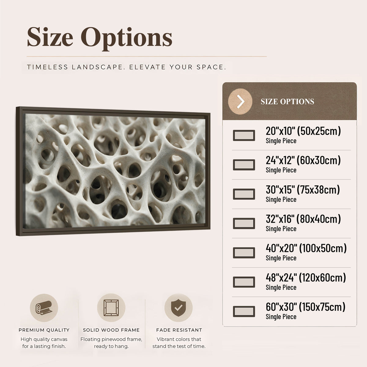 White organic texture abstract framed canvas wall art size options