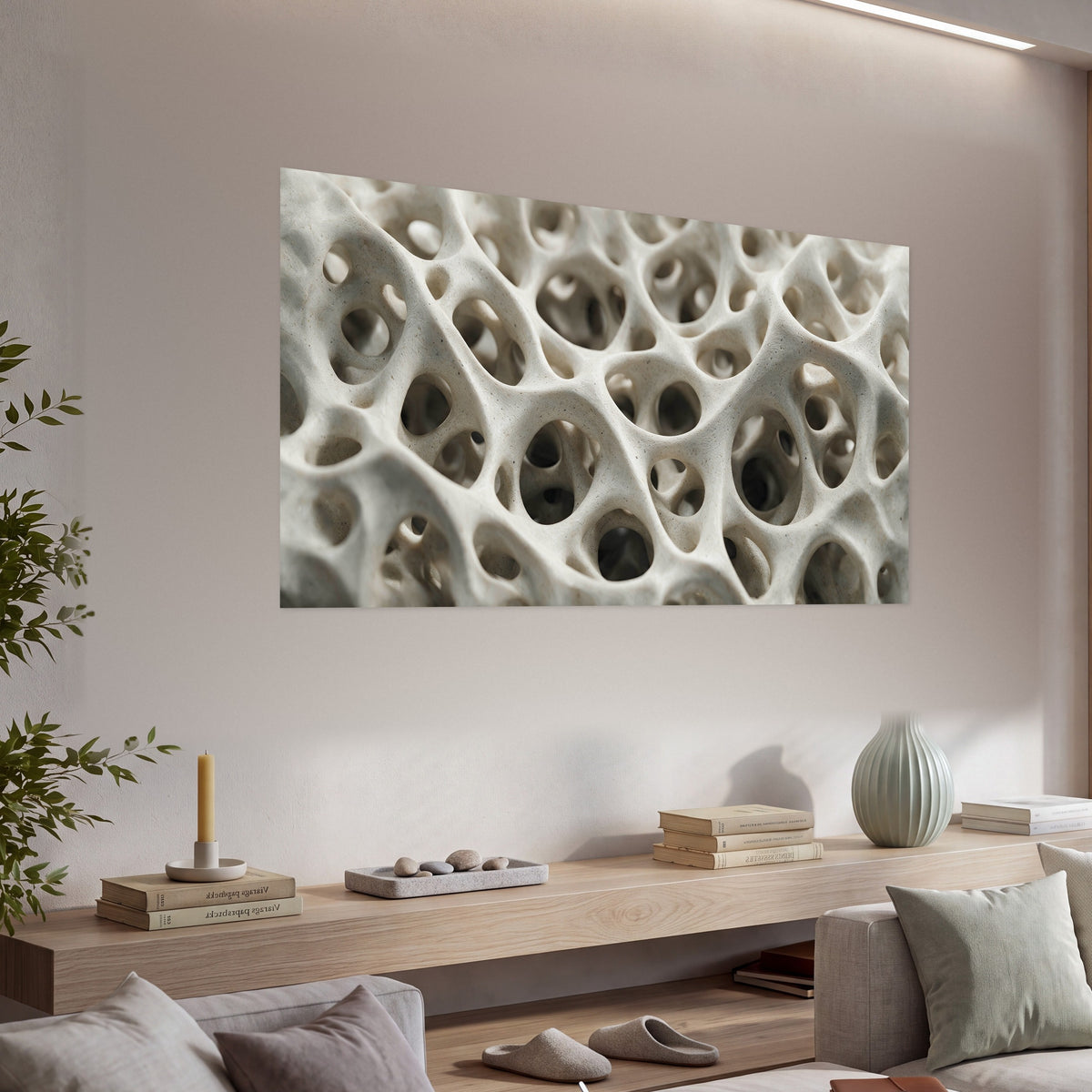 White organic texture abstract poster print in a living room above a console