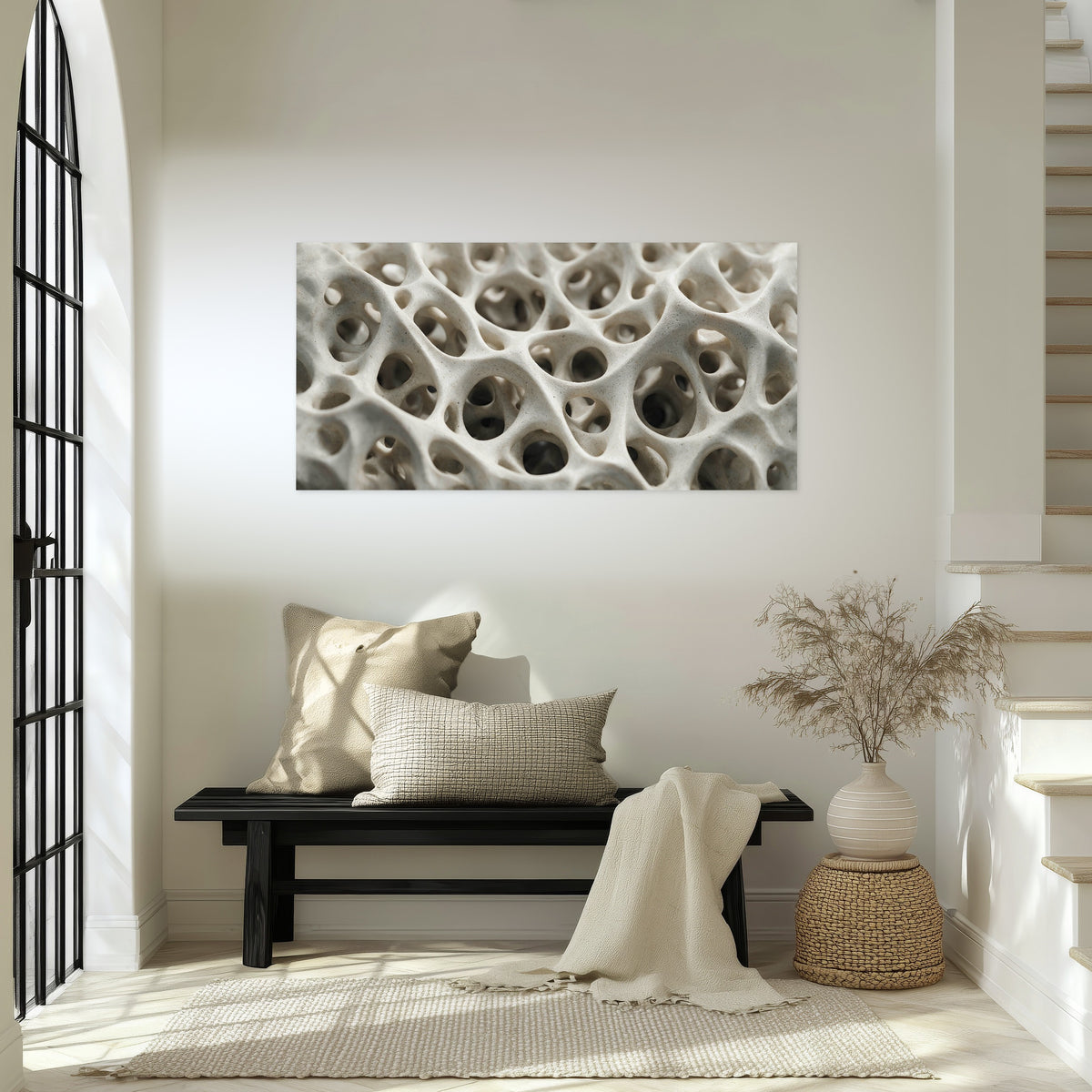White organic texture abstract poster print in an entryway above a bench