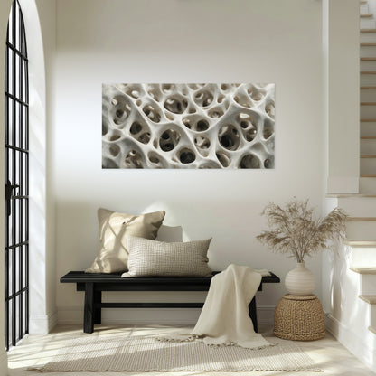 White organic texture abstract poster print in an entryway above a bench