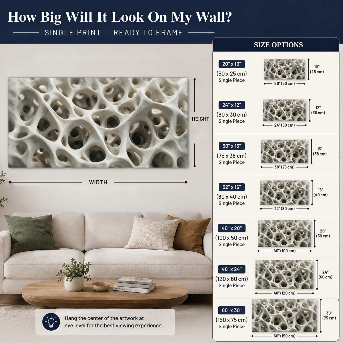 White organic texture abstract poster print size guide above a sofa
