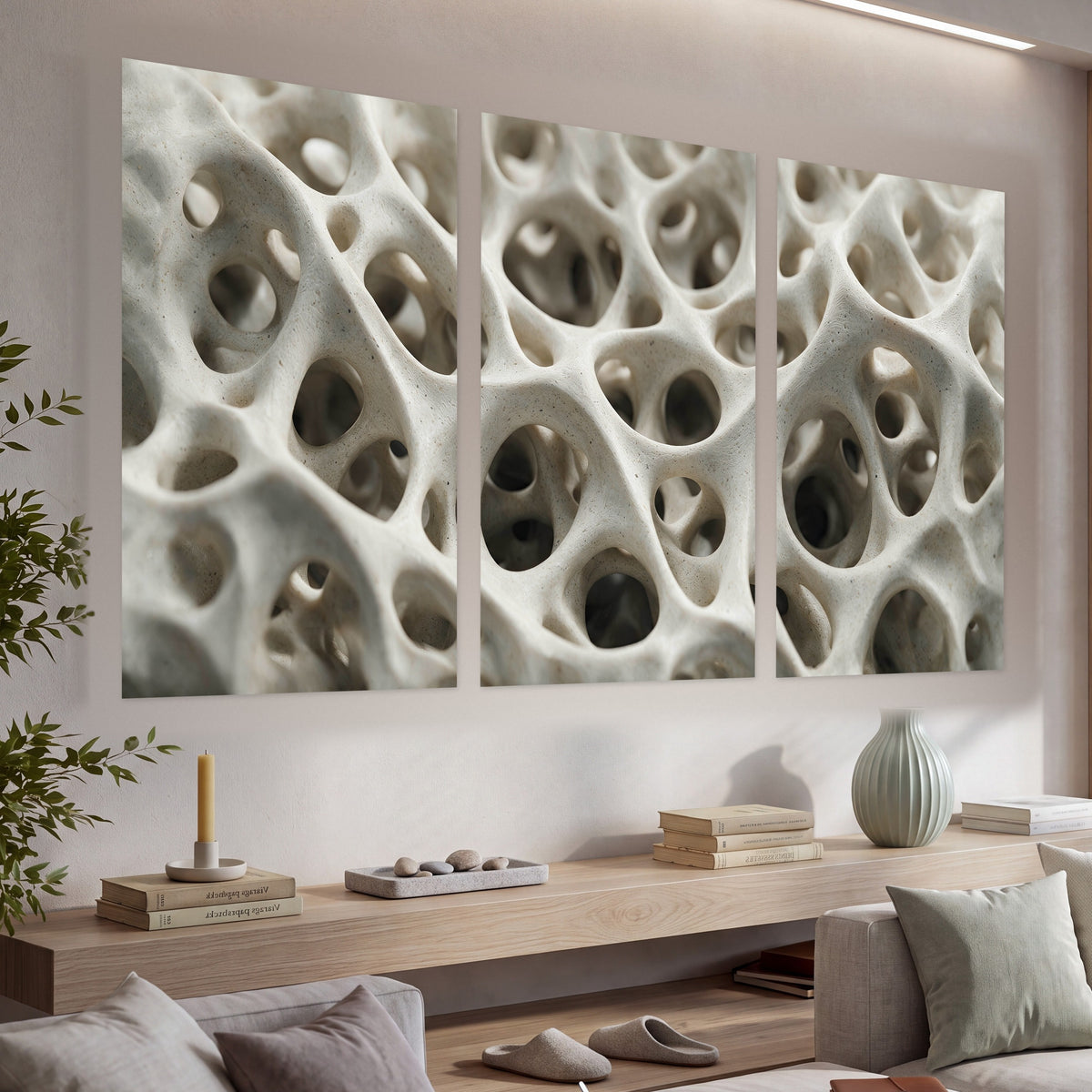 White organic texture abstract set of 3 poster prints in a living room above a console