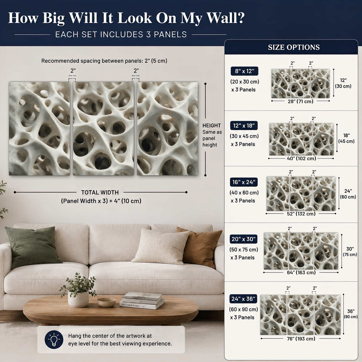 White organic texture abstract set of 3 poster prints size guide above a sofa