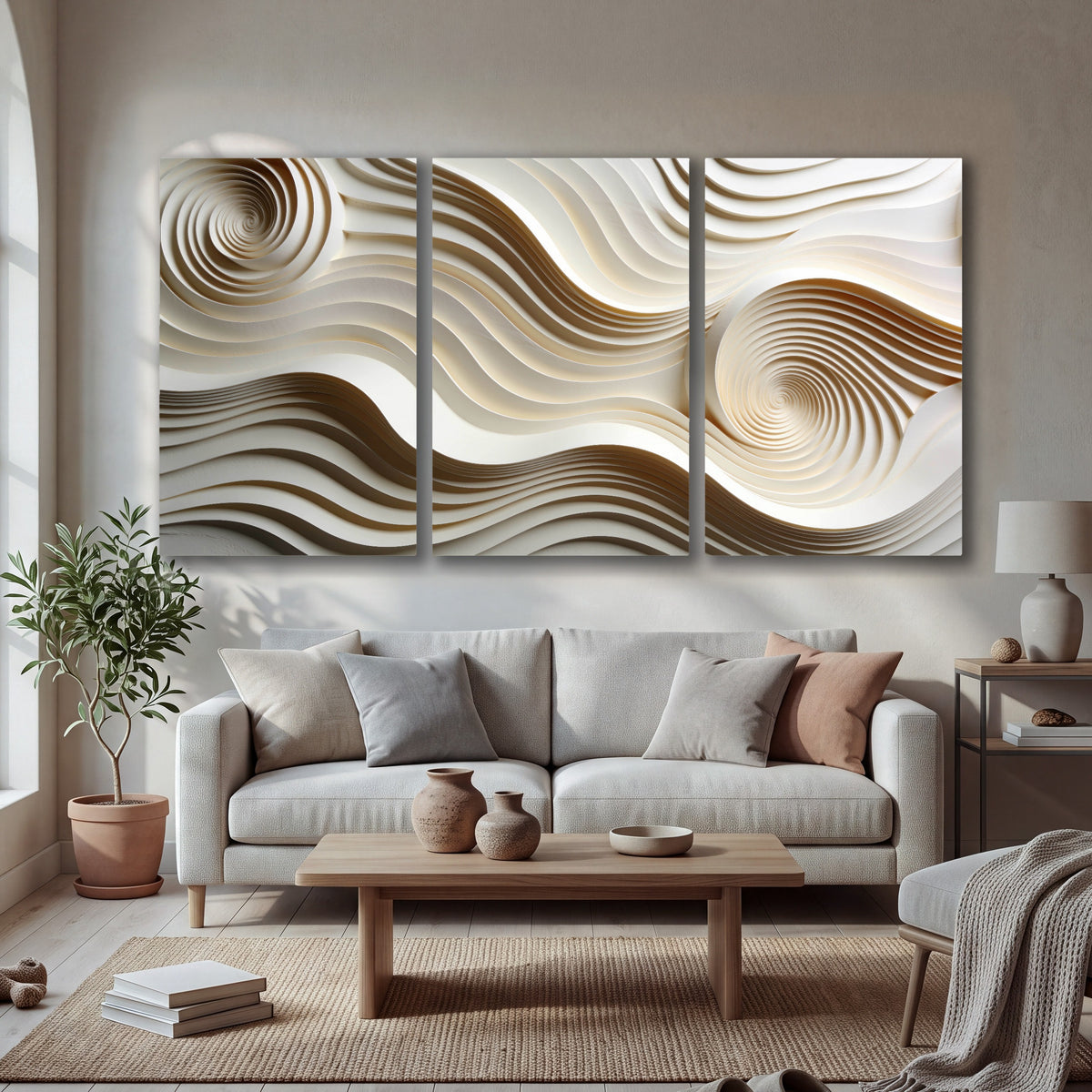 White swirl waves 3D abstract 3 piece canvas wall art in a bright living room