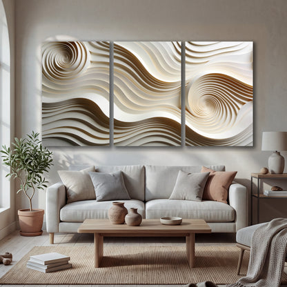 White swirl waves 3D abstract 3 piece canvas wall art in a bright living room