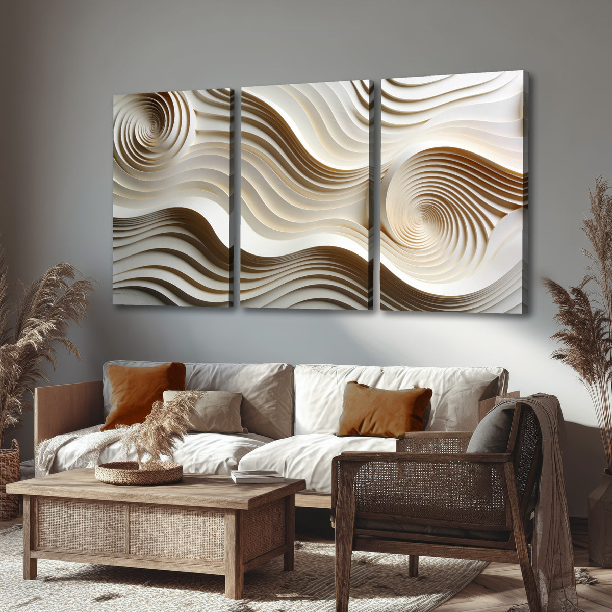 White swirl waves 3D abstract 3 piece canvas wall art in a rustic living room