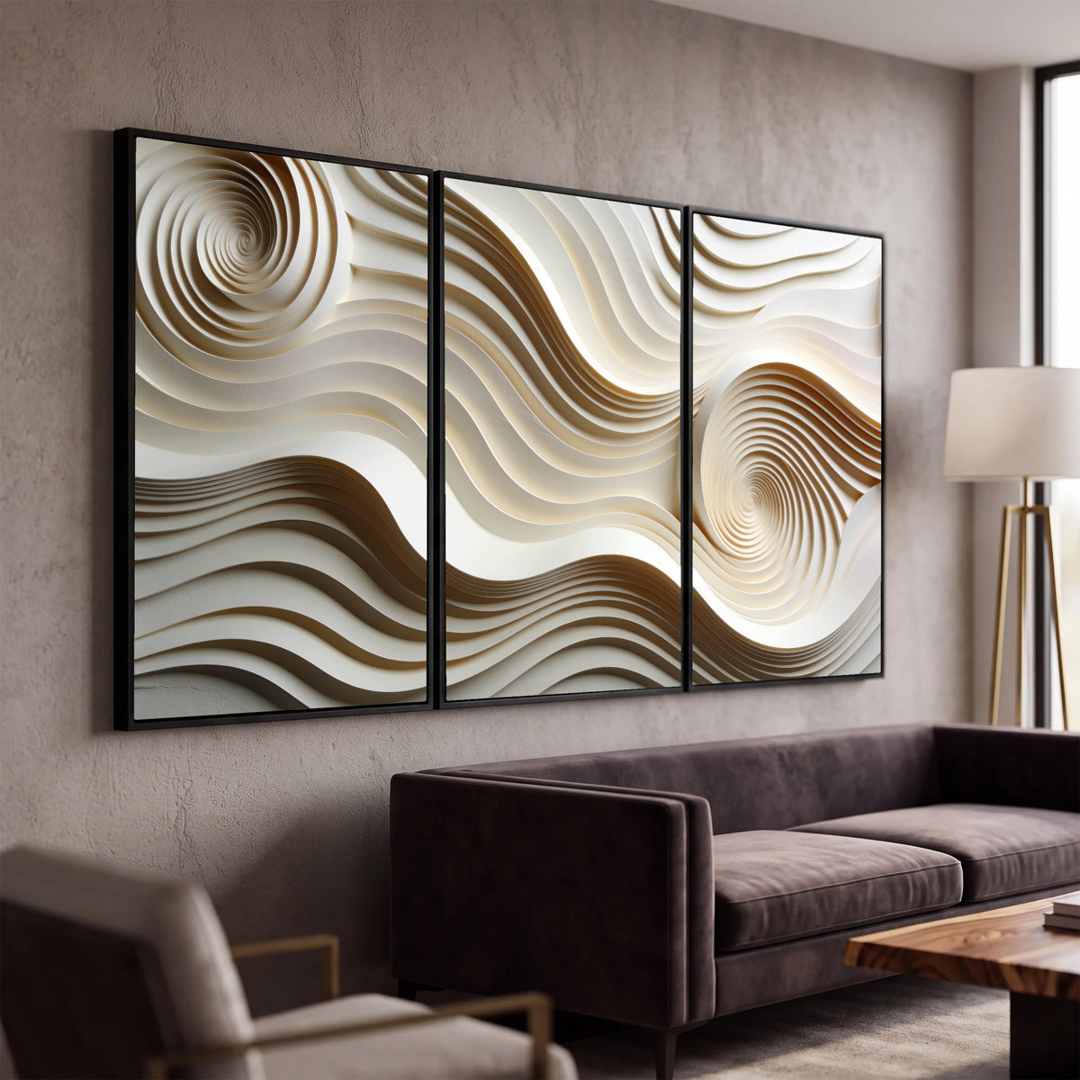 White swirl waves 3D abstract 3 piece canvas wall art in a modern living room