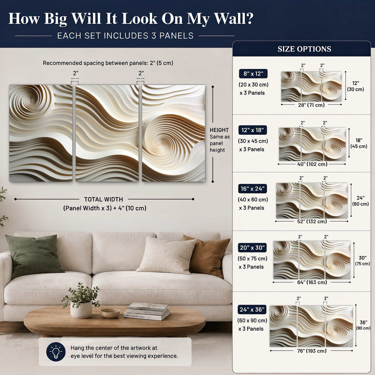 White swirl waves 3D abstract 3 piece canvas wall art size guide above a sofa
