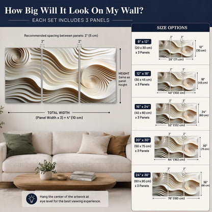 White swirl waves 3D abstract 3 piece canvas wall art size guide above a sofa