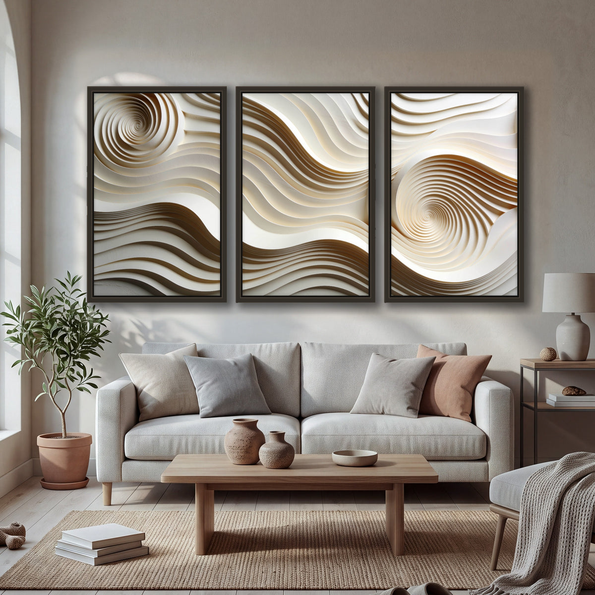 White swirl waves 3D abstract 3 piece framed canvas in a bright living room