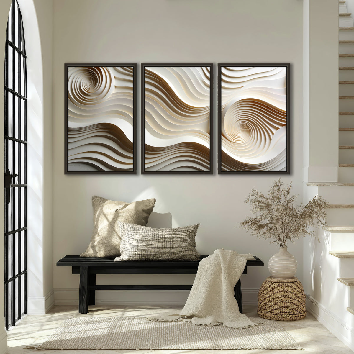 White swirl waves 3D abstract 3 piece framed canvas in an entryway above a bench