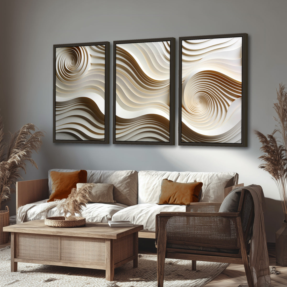 White swirl waves 3D abstract 3 piece framed canvas in a rustic living room