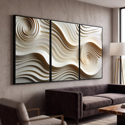 White swirl waves 3D abstract 3 piece framed canvas in a modern living room