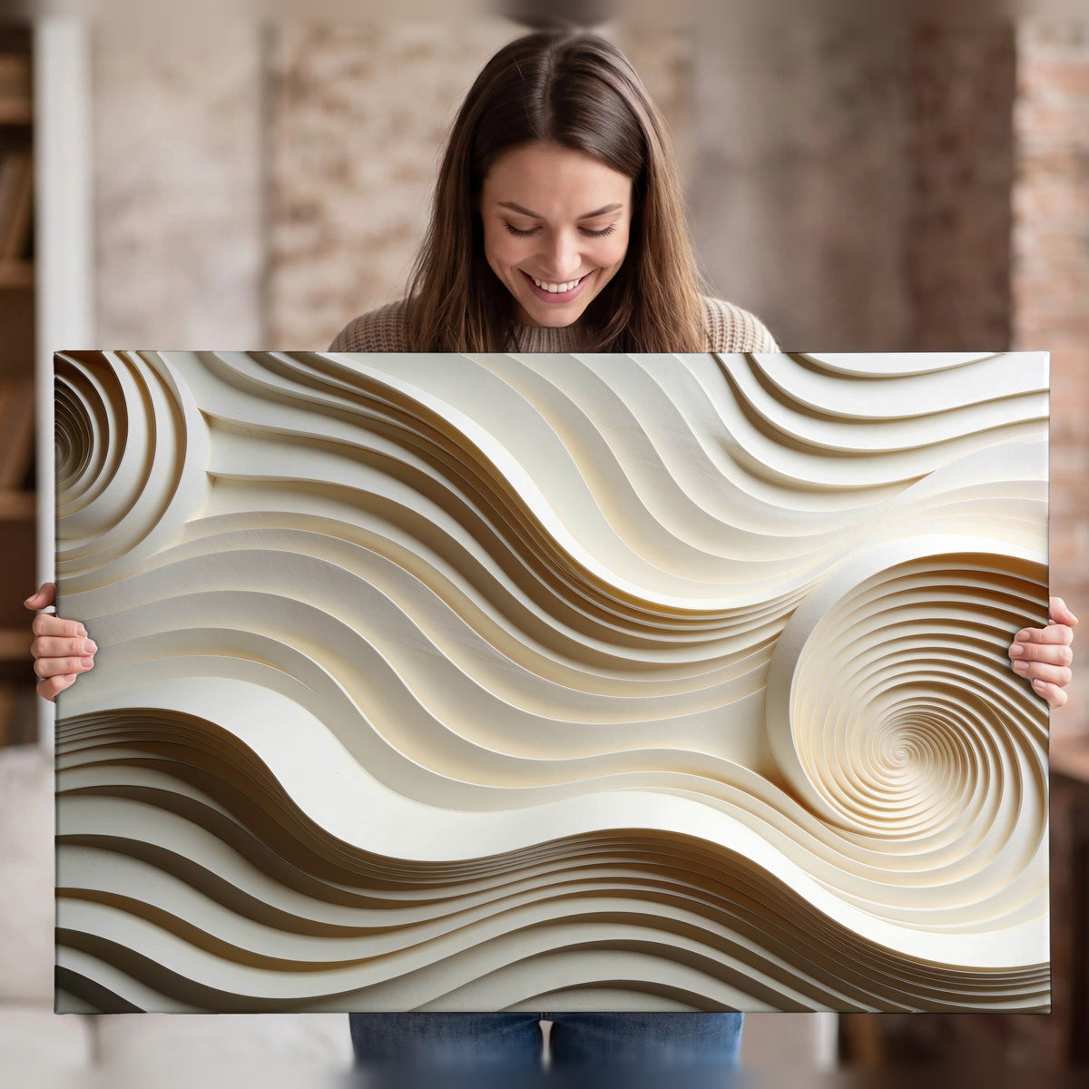 White swirl waves 3D abstract canvas wall art held in hands